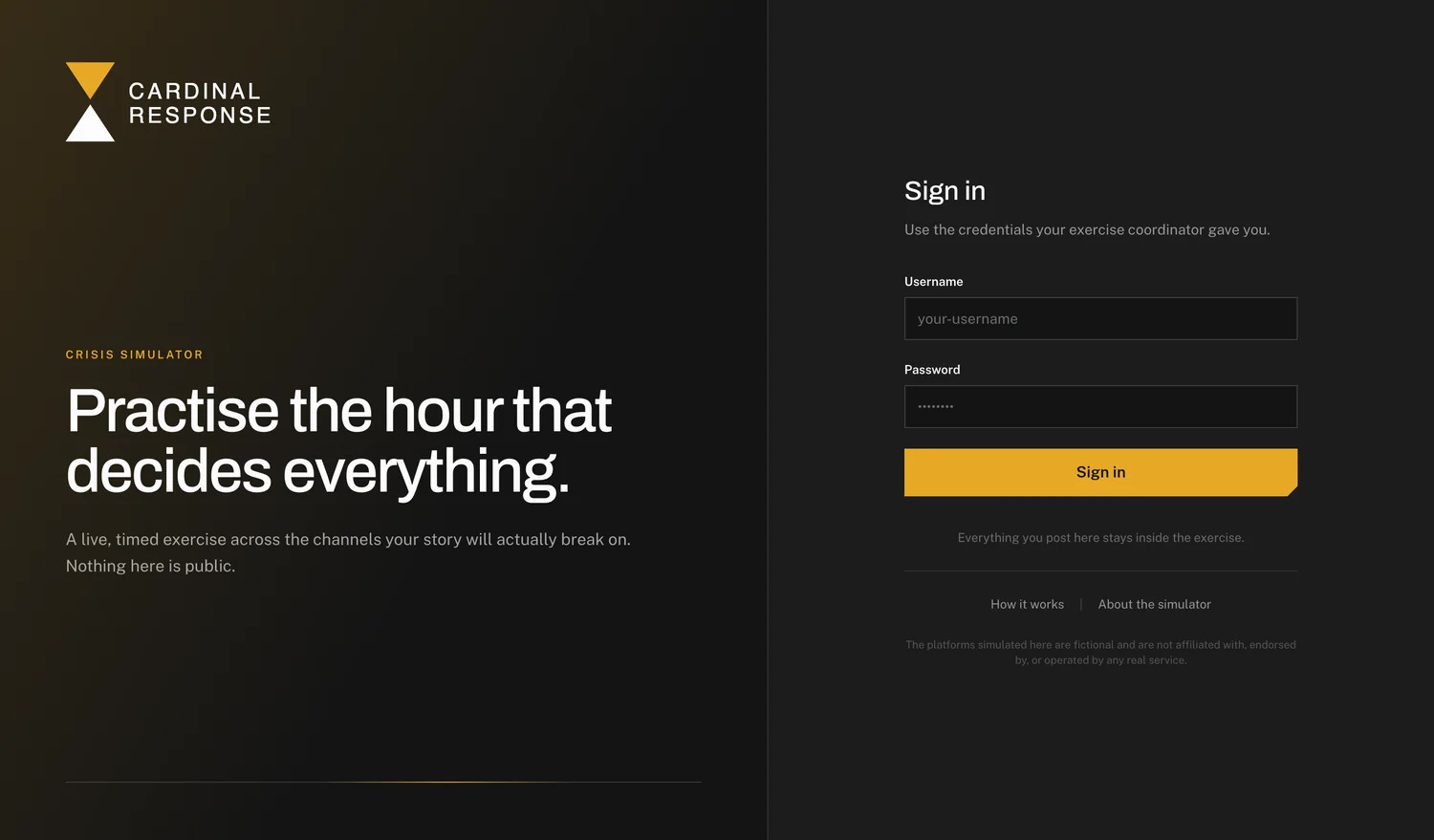 The exercise sign-in screen a participant sees first